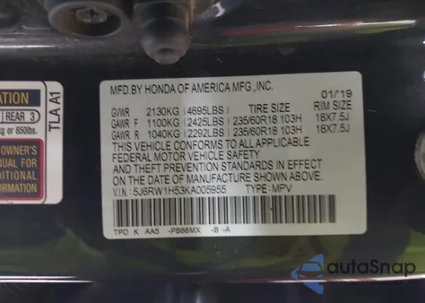 2019 Honda Cr-V Ex из США, поврежденный, VIN 5J6RW1H53KA005955